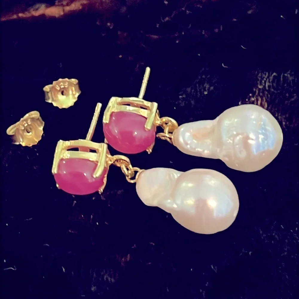 Star Ruby Baroque Pearl 14KGP Earrings